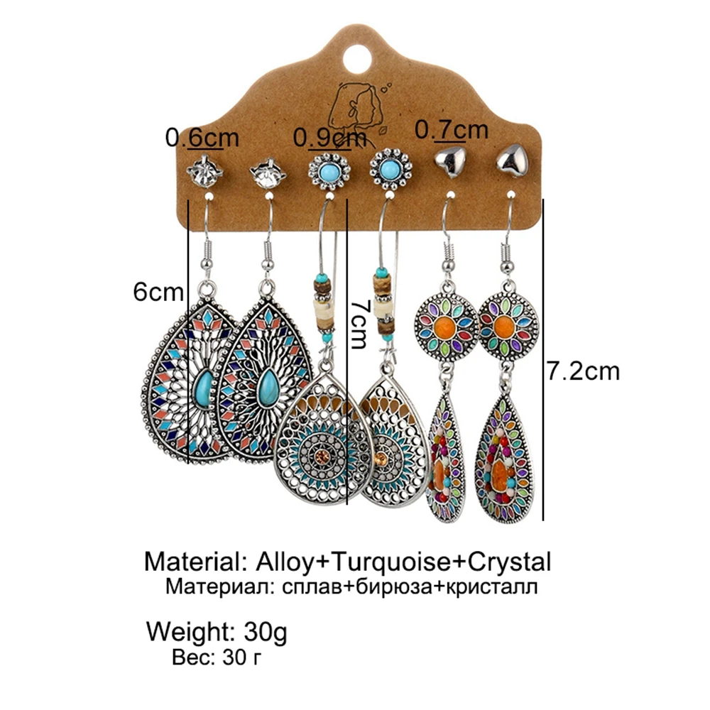 Vintage Bohemian Dangle Earrings Set For Women Punk Ethnic Leaf Stone Drop Earring