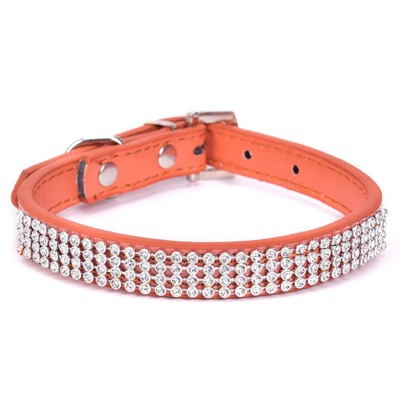 1PC Bling Pet Crystal collar Rhinestone PU Leather Crystal Diamond Puppy Dog Cat traction rope necklace size can be adjusted - Цвет: 39CMx1.5CM