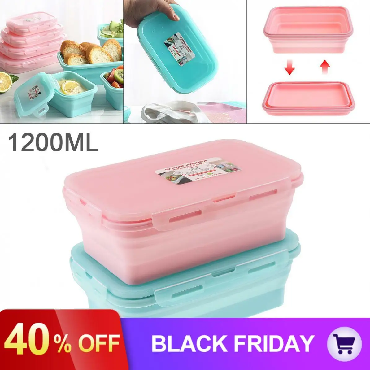 1200ML 8 Inch 2 Colors Portable Rectangle Silicone Scalable Folding Lunchbox Bento Box for-40 Centigrade~ 230 Centigrade