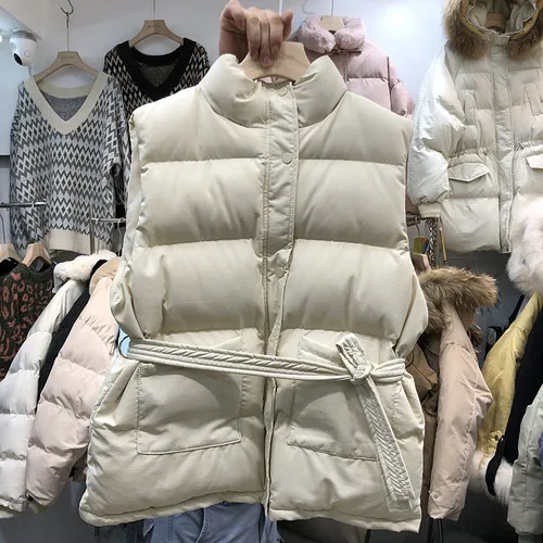 Apricot Корейский осенний и зимний Ins теплый хлопковый жилет с поясом, Женский Повседневный жилет со стоячим воротником без рукавов, Свободный жилет - Цвет: Apricot