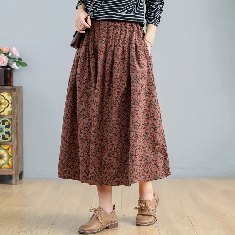 

Literature And Art Floral-Print Cotton Linen Skirt Skirt Loose-Fit Slimming 2019 Spring And Autumn New Style Flax A- line Medium
