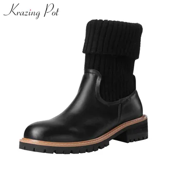 

krazing pot hot Internet popular cow leather patchwork knitting boots round toe med heels winter warm women mid-calf boots L96