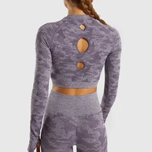 Zhangyunuo камуфляж Бесшовные Йога с длинным рукавом отверстия для большого пальца спортивные топы тренажерный зал фитнес бег укороченный топ сжатия тренировки Спортивная одежда