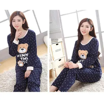 

2019 Women Sexy Plus Size Nightwear Cartoon Print Long Sleeve Pajama Set Home Clothes Top+Long Pant