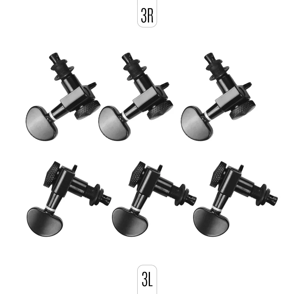 Grover Style Silver Semicircle Guitar Tuning Pegs Tuners Machine Head 3L+3R with Mounting Screws and Ferrules Black