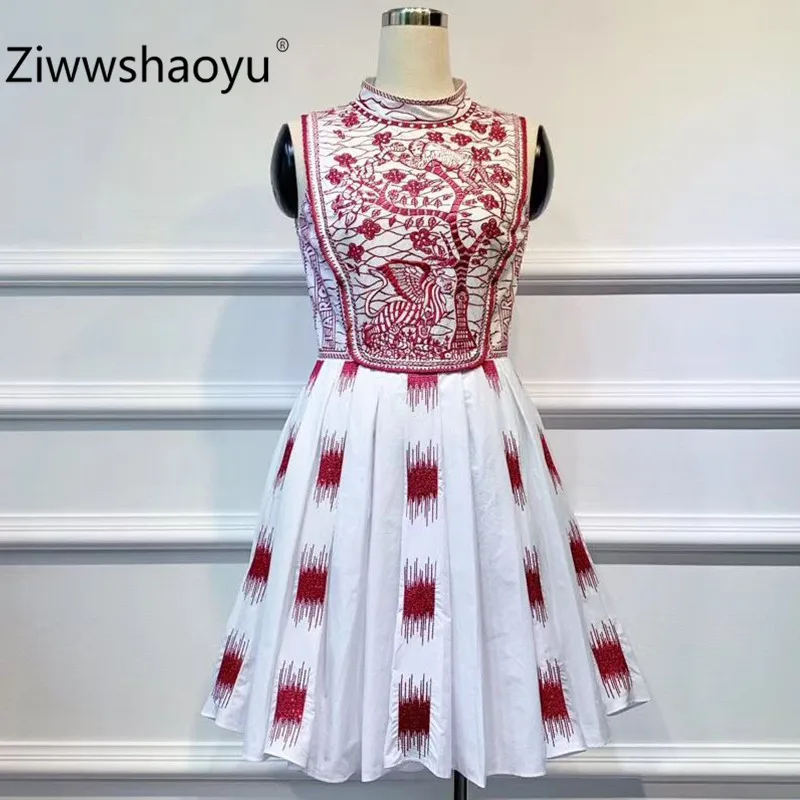 Ziwwshaoyu дизайнерское высококачественное хлопковое платье с вышивкой животных Женские Модные летние вечерние мини платья без рукавов