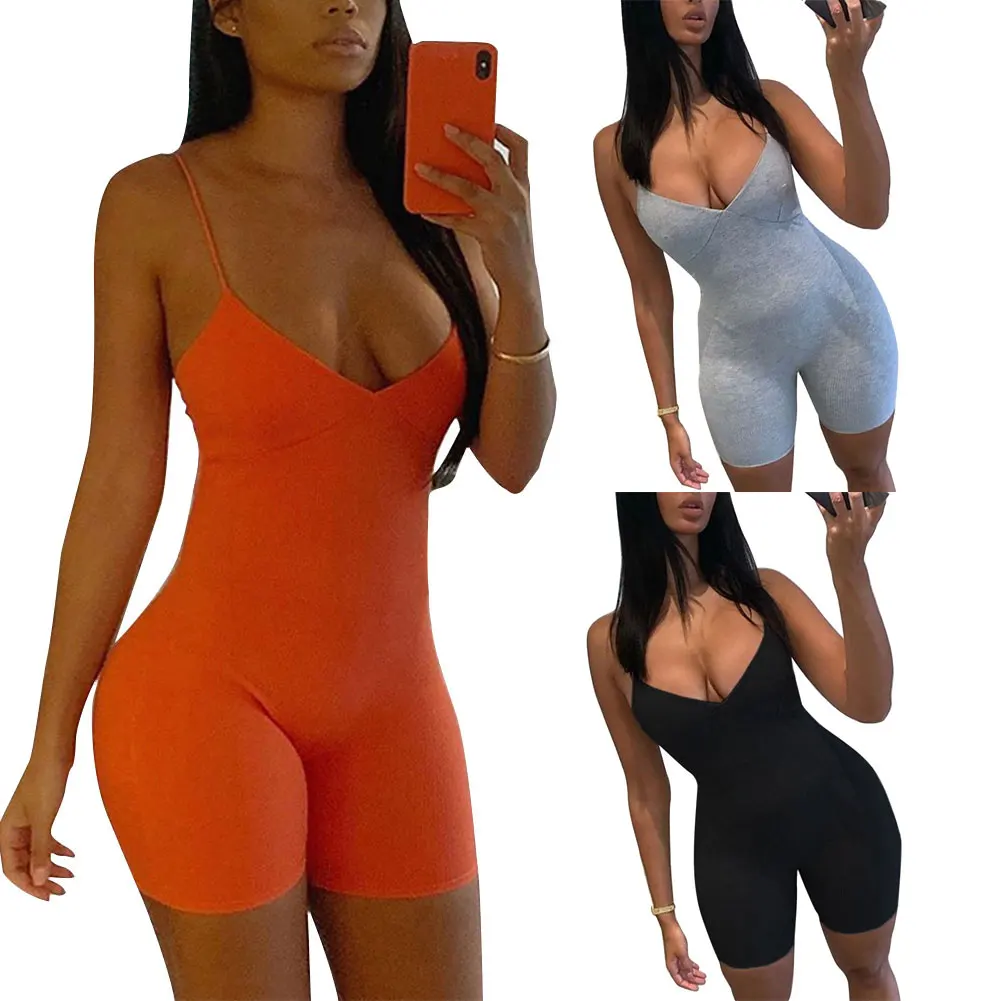 Negro gris naranja Sexy Strappy Knit mono ajustado de mujer Fiesta Club mameluco pantalones cortos de cuello en V Jumper para dama corto
