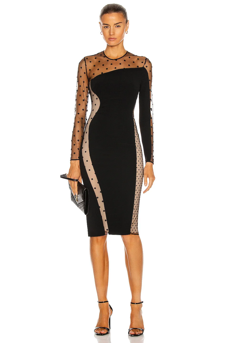 Black Cocktail Dresses Tulle Dots Patchwork Long Sleeves Dresses See