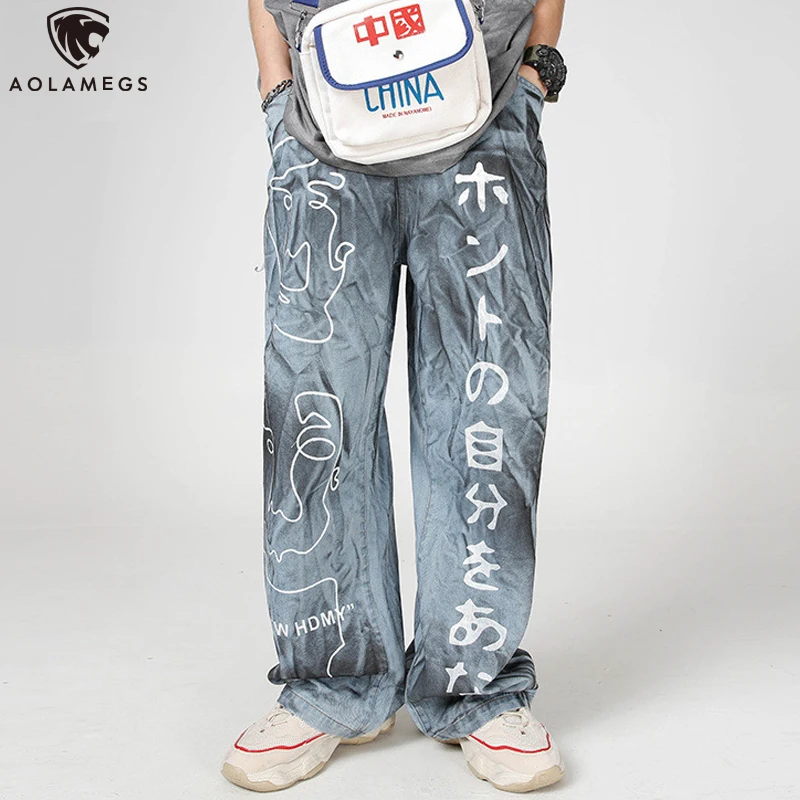 

Aolamegs Jeans Men Japanese Kanji Letter Print Denim Pants Men Retro High Street Straight Baggy Jeans hombre Fashion Streetwear