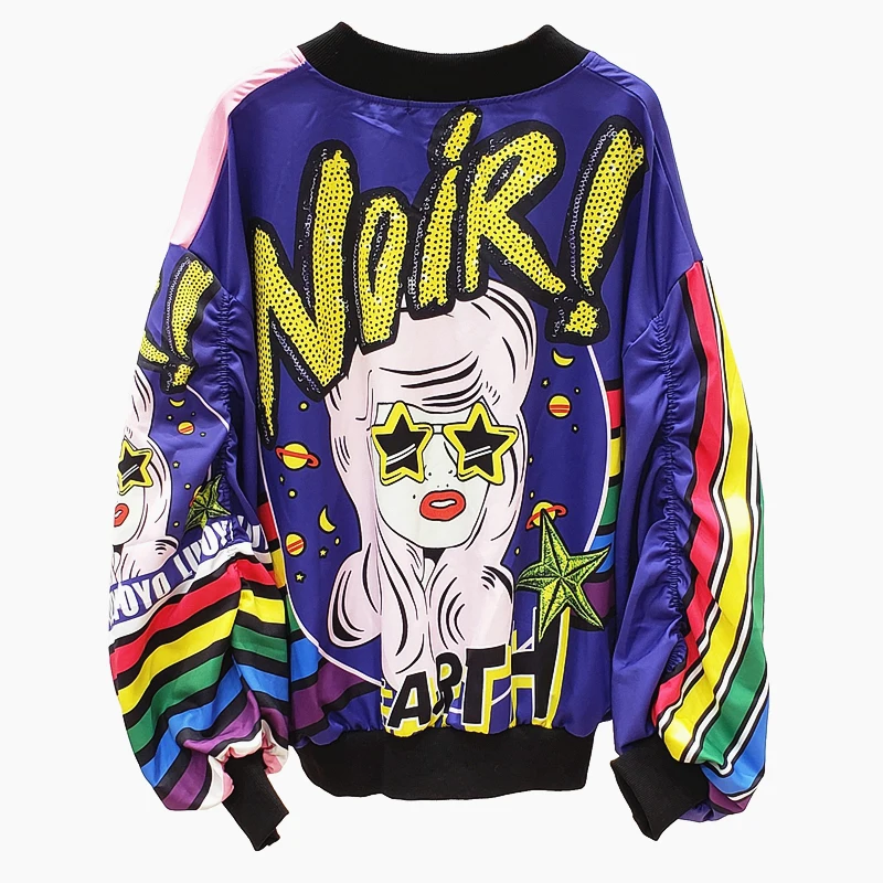 

Fashion Printing Sequins Jacket Women Loose Baseball Uniform Female Bomber Jacket Long Sleeve Casual Basic Coat Women's Jackets