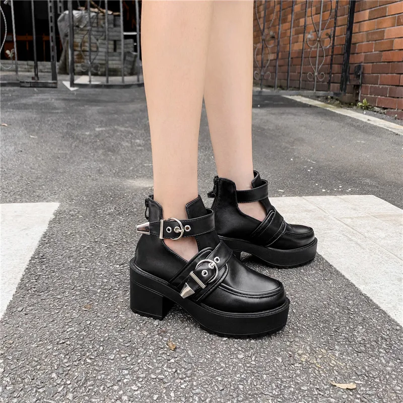 

YMECHIC 2019 Autumn Night Club Black Punk Womens Boots Ankle Buckle Strap Blcok High Heels Platform Gothic Shoes Martin Boots
