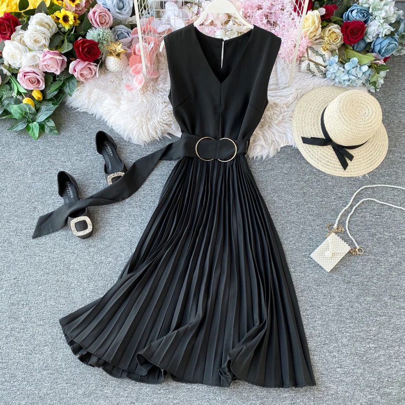 Amolapha, женское плиссированное платье с v-образным вырезом и поясом, Vestidos, сексуальные женские повседневные платья без рукавов
