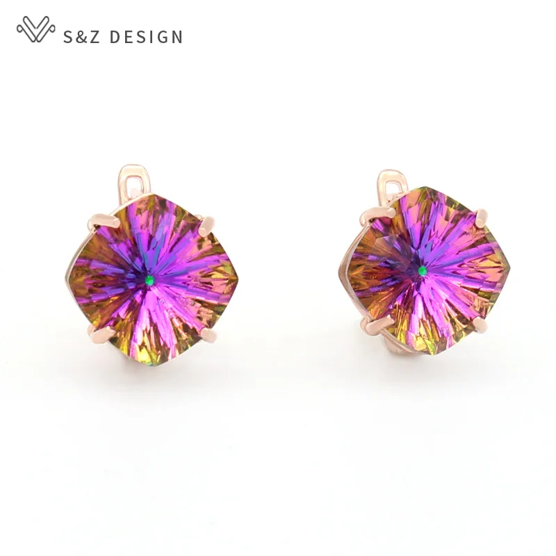 S&Z DESIGN New Elegant 585 Rose Gold Color Big Square Crystal Dangle Earrings For Women Fashion Luxury Wedding Jewelry