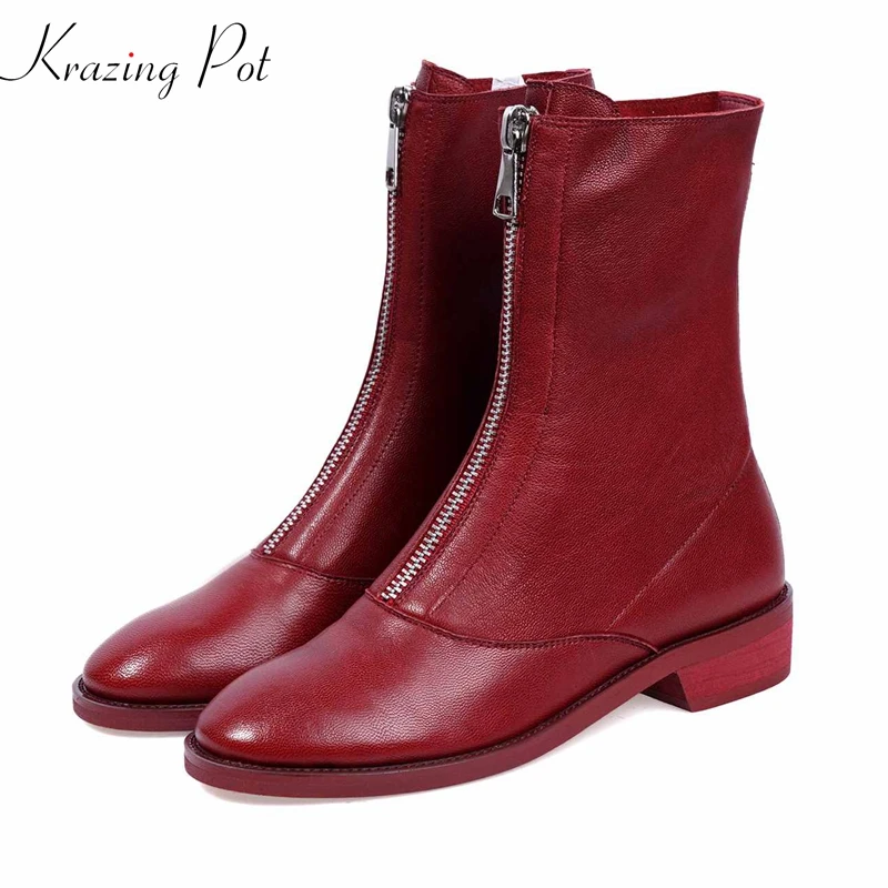 

krazing pot full grain leather pleated decoration streetwear round toe front zipper plus size winter low heel mid-calf boots L08