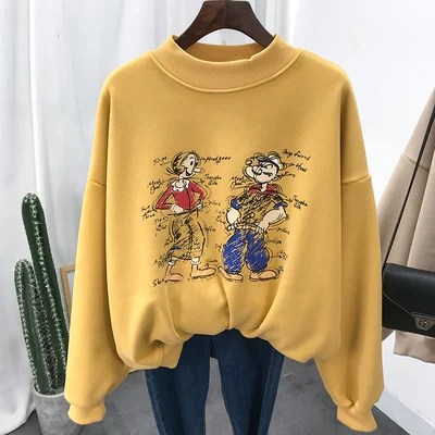 Yellow Флисовая Толстовка с высоким воротником, женская зимняя Толстовка Kawaii с рисунком из мультфильма, Пушистый пуловер, толстовка для подростков, теплое пальто, верхняя одежда - Color: Yellow