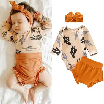 

3PCS Newborn Kids Baby Girls Outfits Suit Cotton Floral Printed Clothes Tops Romper+Shorts+Headbands 3Pcs Toddler Infant Set