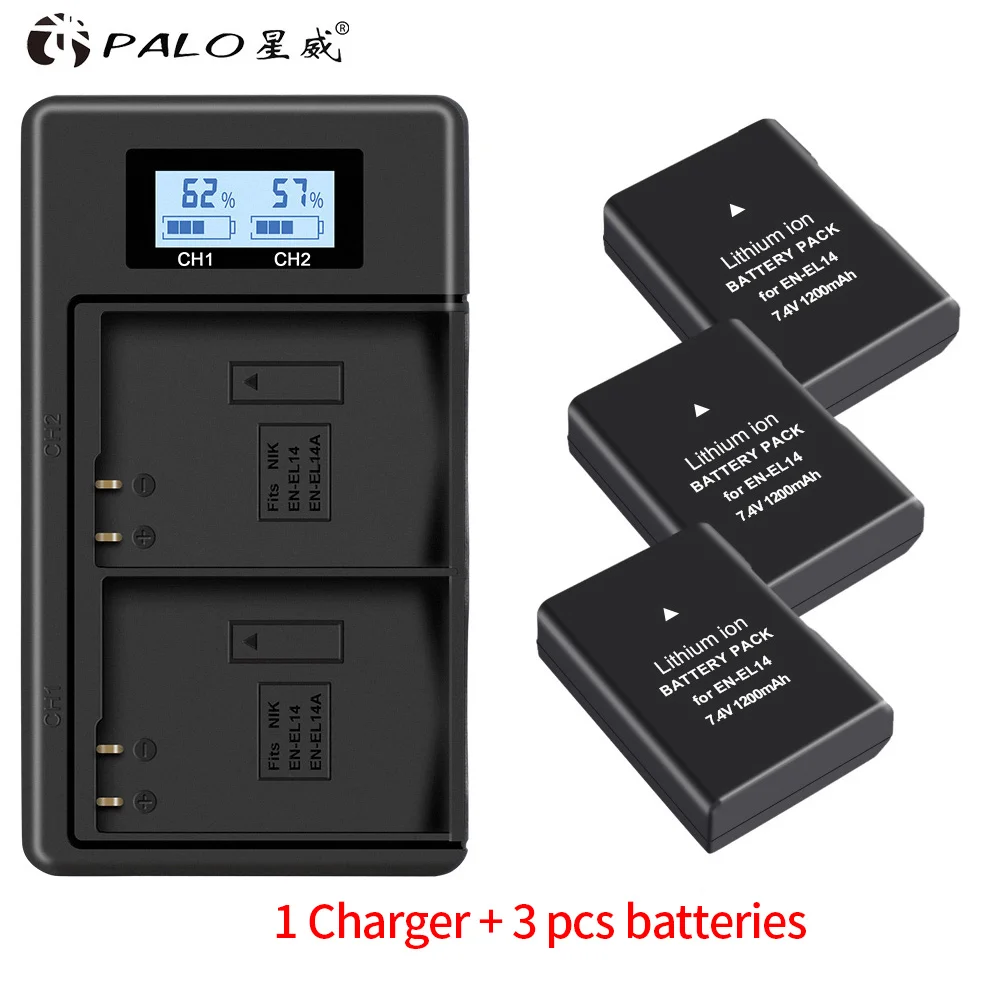 1200 мА/ч, 2x EN-EL14A EN-EL14 ENEL14 Батарея+ ЖК-дисплей USB Dual Зарядное устройство для Nikon D3100 D3200 D3300 D3400 D3500 D5600 D5100 D5200 P7000 - Цвет: charger and 3battery