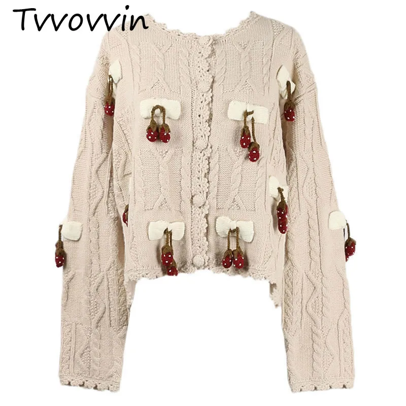 

TVVOVVIN Knitted Sweater Patchwork Three-dimensional Strawberry Breathable O Neck Full Sleeve Match All Cardigans Coat Top C596