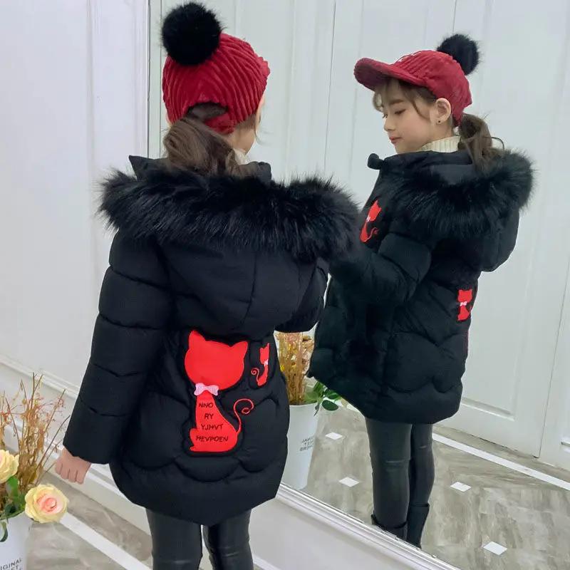 2-13Yrs Kids Winter Parkas Girl Warm Jacket Baby Bow Cat Coat Thick Fur Hooded Christmas Outerwear Kids Winter Clothes-30degree - Color: bow cat-black