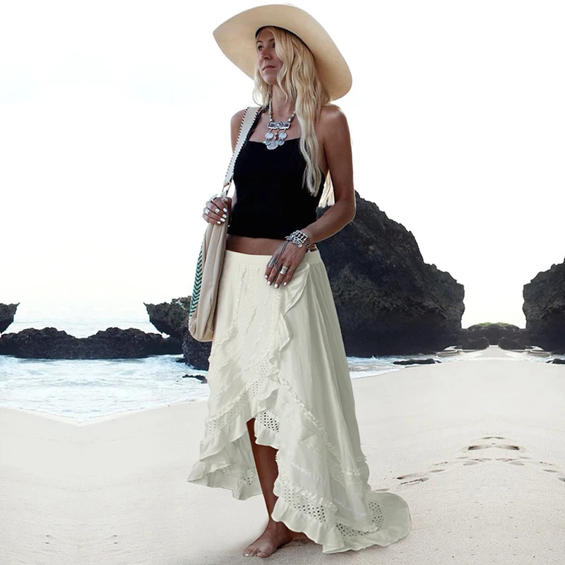 Богемные Асимметричные ретро длинные юбки женские ажурное кружевное сексуальное белые юбки повседневное свободное пляжное нарядное платье макси