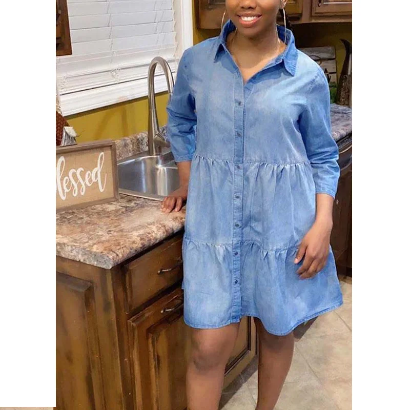 Casual Denim Button Through Shirt Dress Women Ruffle Trim Babydoll Dress -  Dresses - AliExpress
