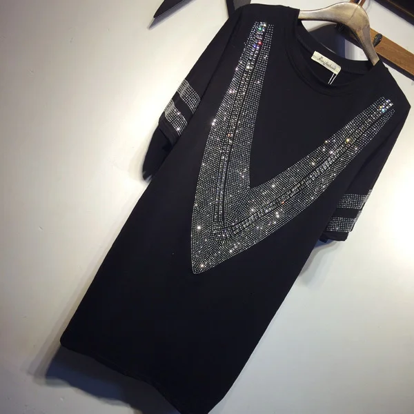 short sleeve QING MO весеннее платье, стразы, черное тонкое платье-футболка, повседневный стиль, свободное хлопковое платье высокого качества ZQY1539 - Цвет: short sleeve
