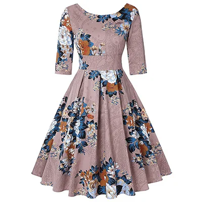 Halter Sleeve Autumn Women Retro Vintage Dress 40s 50s 60s Floral Printed Elegant Big Swing Pleated Party Rockabilly Dresses - Цвет: 1