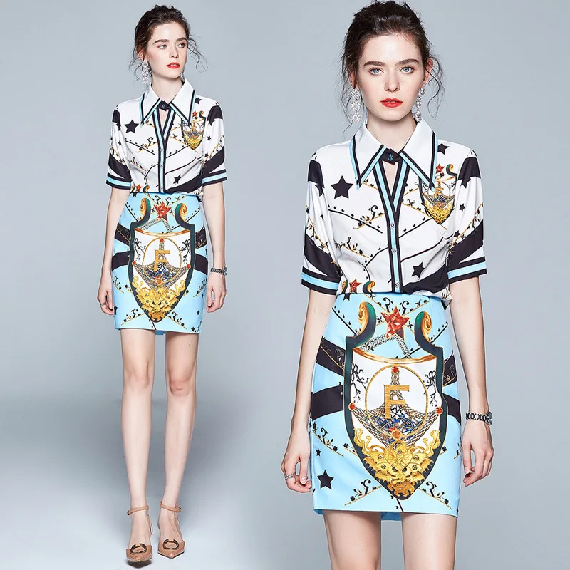 

Photo Shoot 2019-Style Two-Piece Set Cool Collar Short-sleeved Shirt + Slimming Sheath Skirt Printed Dress Outfit