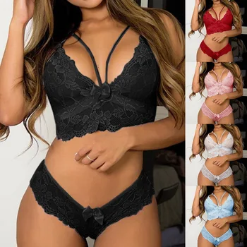 

Sexy Lingerie Erotic Underwear Hot Women Bra Set Transparent Girls Bow Lace Underwear Suit New Female Soft Breathable Briefs Set