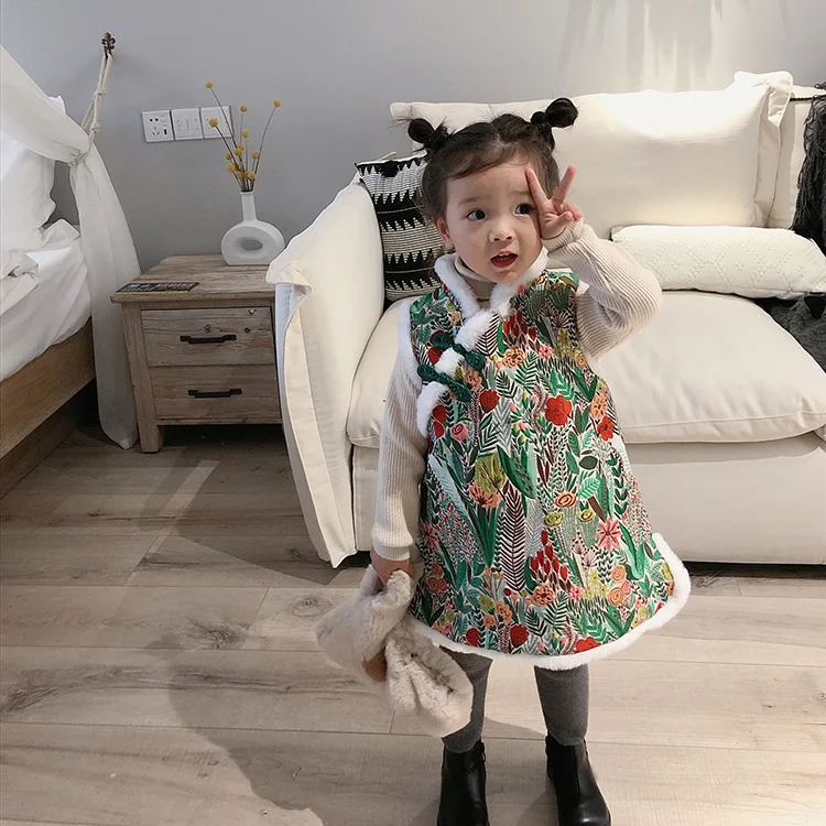 Китайский стиль стиль Мода Цветочный теплый cheongsam Зима мягкий флис утолщаются стеганые ручная Пряжка Платье