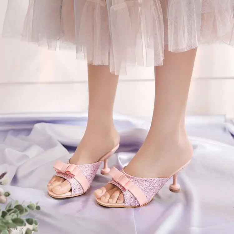 

Korean-style Bow Mixed Colors Hipster Fish Mouth Sandals Semi-high Heeled Spool Heels Sequin Outer Wear Sweet Slipper Women's