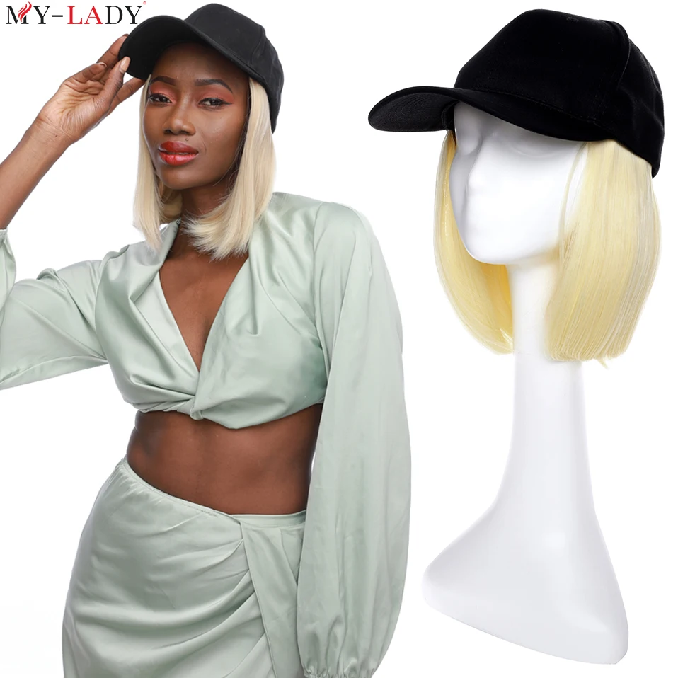 My-Lady 6'' Detachable Cap Hair Short Straight Bob Hair Black Baseball Cap Wig Synthetic Black Hat Wigs Adjustable Cap With Hair