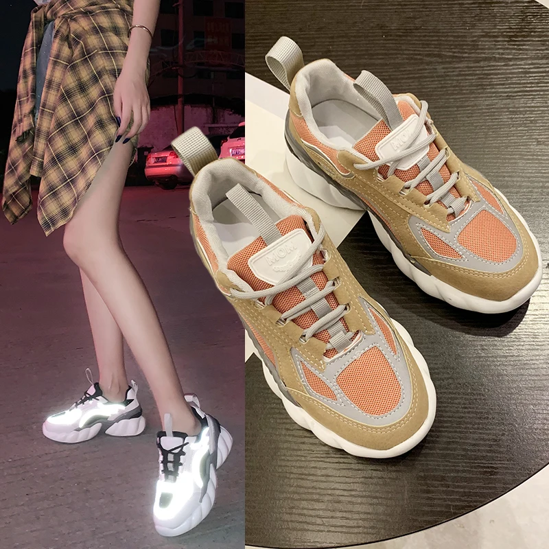 Мягкие повседневные плотные кроссовки на платформе; Летняя женская обувь из дышащей сетки; Повседневная желтая спортивная обувь на плоской подошве; женская оранжевая обувь;-66