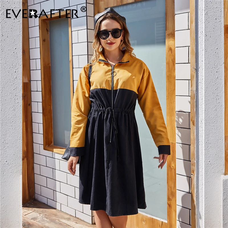 EVERAFTER уличная одежда отложной цвет лоскутное платье для женщин осень зима МОЛНИЯ