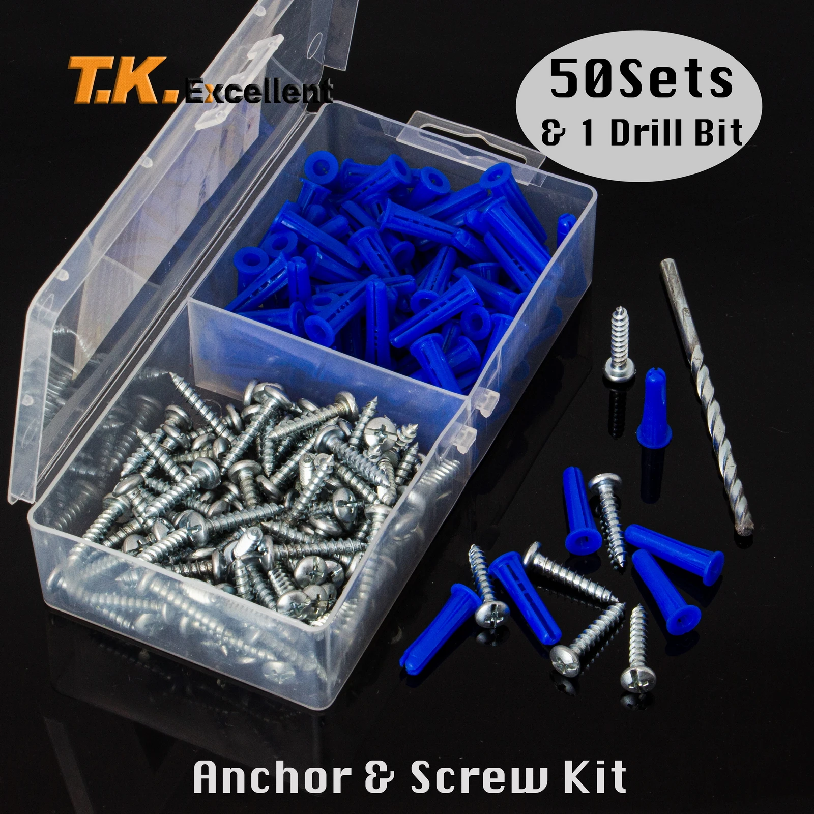 Blue Conical Plastic Anchors and Self Tapping Screws and Drill Bit,201 Pieces 