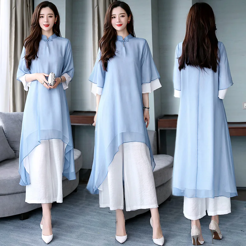 

Chinese-style Set Spring Clothing 2019 New Style Literature And Art Retro WOMEN'S Dress Loose-Fit Improved Cheongsam Loose Pants