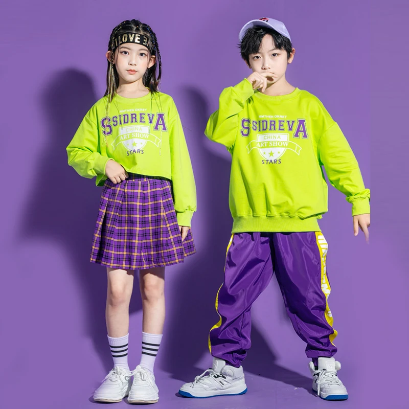 

Kids Street Dance Clothing Suit Hip Hop Dancing Clothes Boys Girls Fluorescent Green Jazz Dancewear Children Kpop Outfits YS2929