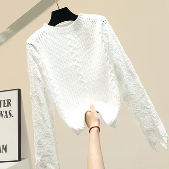 

New Lace Spliced Pullover Women Sweater Winter Knitted Jackets Woman Loose Outside Wearing Knitting Shirt Girls Sweet Sweaters