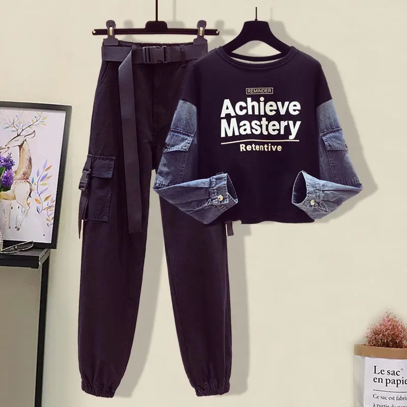 

Женский костюм из двух предметов, осенний свитер для полных женщин весом 200 фунта, Женский комплект из двух предметов