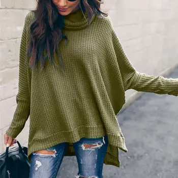 

Women Solid Color Autumn Winter Sweater Casual Long-Sleeved Half High Collar Bottom Knit Pullover Female Loose Irregular Sweater