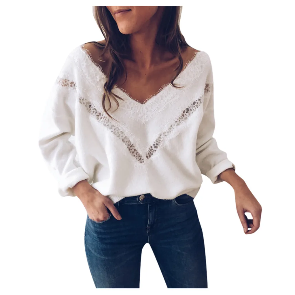 

Women Blouses 2020 Fashion Long Sleeve Turn Leisure Blouse Shirt Casual Tops Plus Size V Neck Lace Slim Pullover Loose Blouse