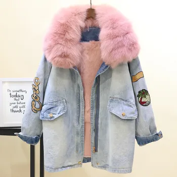 

Winter Warm Real Fox Fur Collar Rabbit Fur Lined Denim Coat Women Loose Long Drawstring Elastic Waist Zipper Jeans Jacket Female