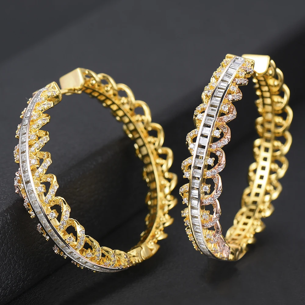 LARRAURI Luxury Hollow Flowers Cubic Zirconia Statement Big Hoops Earrings For Women Wedding DUBAI Bridal Circle Hoop Earrings