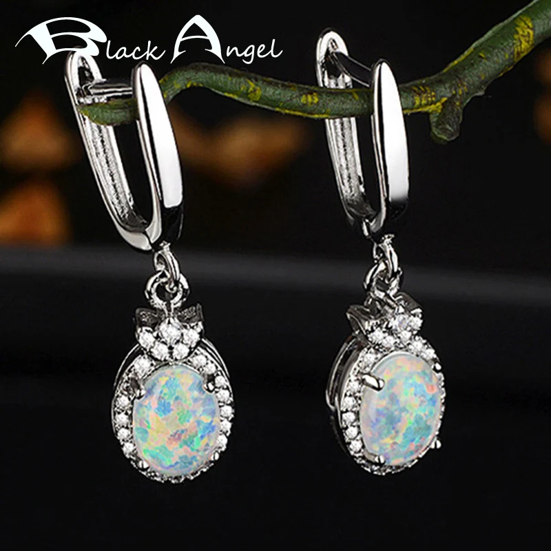 

BLACK ANGEL Elegant Oval Opal Egg Shaped 925 Sterling Silver Ear Jewelry Opal Hamsa Clip Earring for Women Christmas Gift