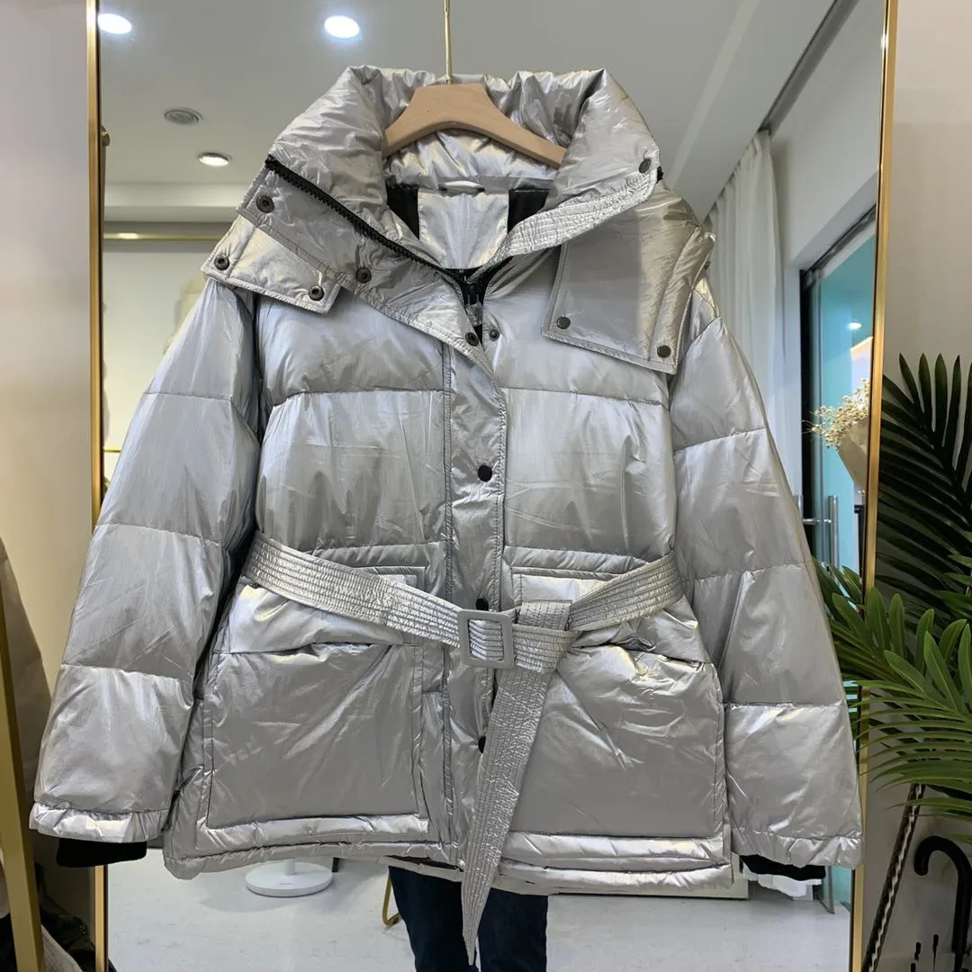 Casual Loose Glossy Hooded Down Jacket Women Fashion Solid Winter Thick Warm White Duck Down Coats Female Elegant Belt Parkas black parka Coats & Jackets