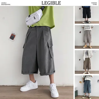 

LEGIBLE Pockets Cargo Pants Men Japanese Streetwear Casual Loose Harem Pants Male Hip Hop Korean Calf-Length Pants Men
