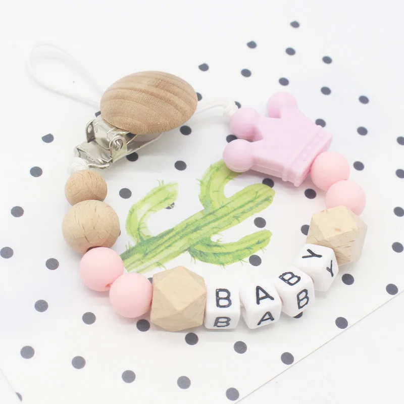 Baby Pacifier Pink Crown Silicone Beads Pacifier Holder Chain Shower Gift Personalised Name Handmade Beech Wooden Clip Chain