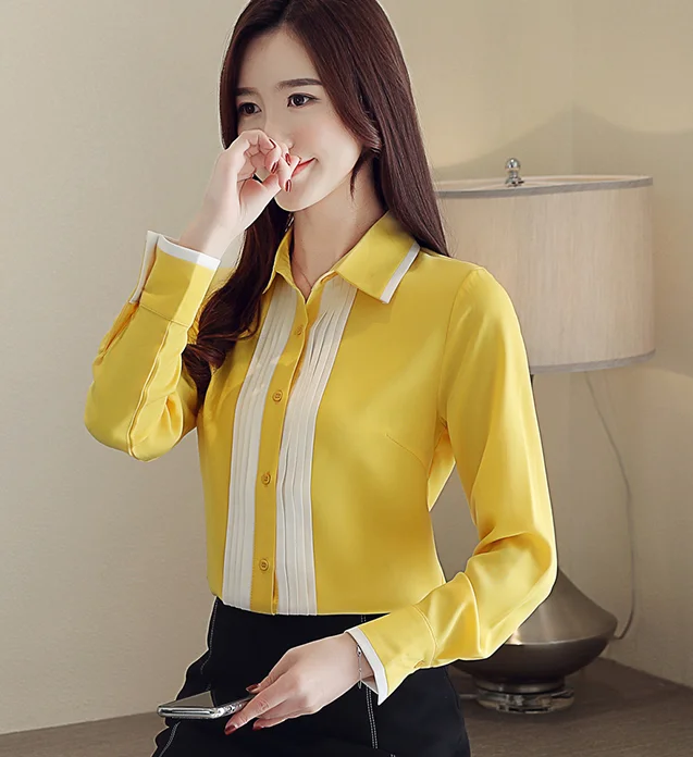 Dingaozlz Новая женская блузка с отложным воротником, шифоновая рубашка с длинным рукавом, офисные женские топы, Лоскутная Женская одежда Blusa - Цвет: Yellow