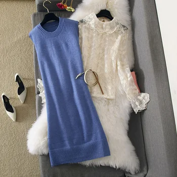 

2019 Autumn Winter Cloth Set Women Outfits Fashion Suit Dress Horn Sleeve Lace Shirt+ Sleeveless Knit Dress Female 2 Piece Sets