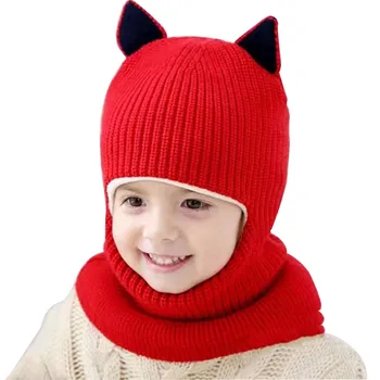 

Winter Children Hats Knitted Baby Girls and Boys Hat with Warm Fleece Lining Cute Cat Ears Hats for Kids HT073